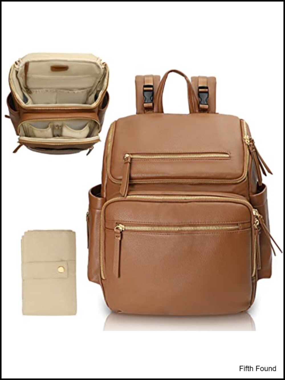 Large Faux Leather Diaper Bag Backpack with 17 Pockets, Changing Pad, Stroller